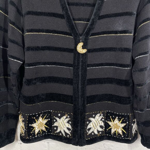 Jack B Quick Cardigan Women Medium Black Beaded Embroidered Christmas Holiday - Picture 8 of 13